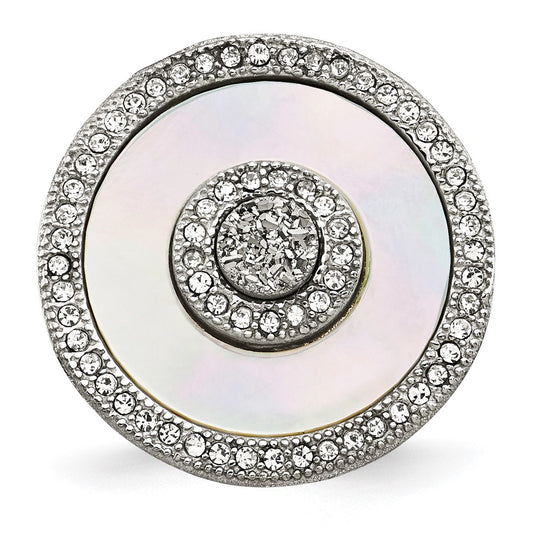 Stainless Steel Polished Mother Of Pearl/Druzy Quartz And Crystal Ring
