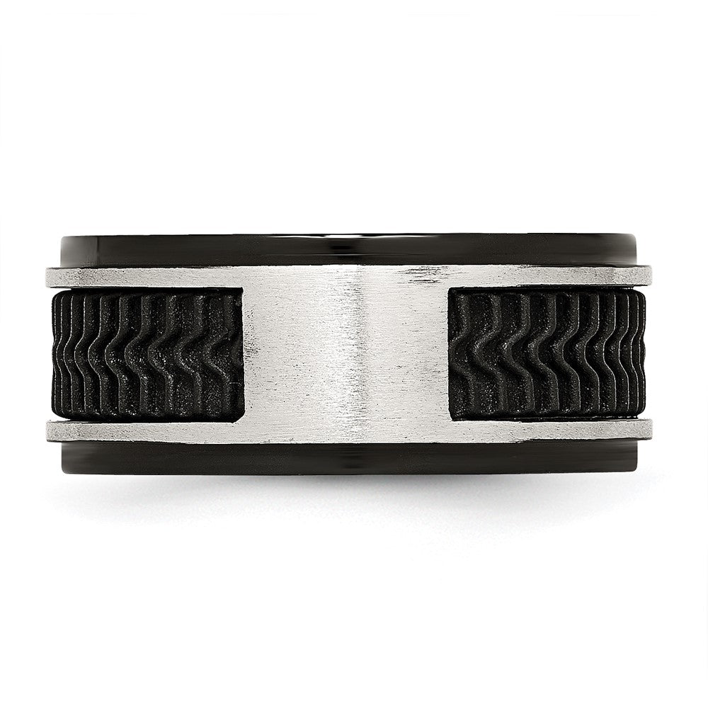 Stainless Steel Polished Black Ip Plated Rubber Inlay 10mm Band