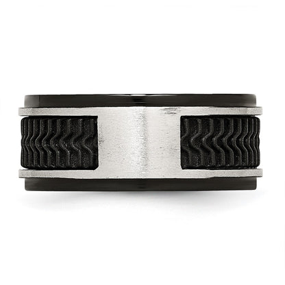 Stainless Steel Polished Black Ip Plated Rubber Inlay 10mm Band
