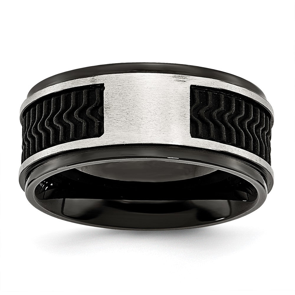 Stainless Steel Polished Black Ip Plated Rubber Inlay 10mm Band