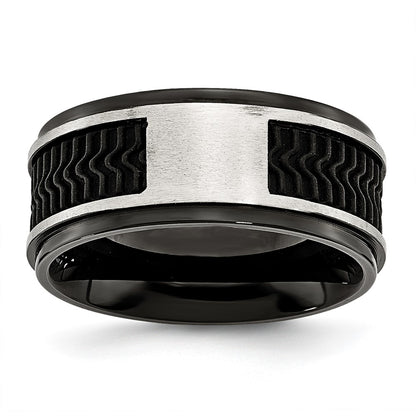 Stainless Steel Polished Black Ip Plated Rubber Inlay 10mm Band
