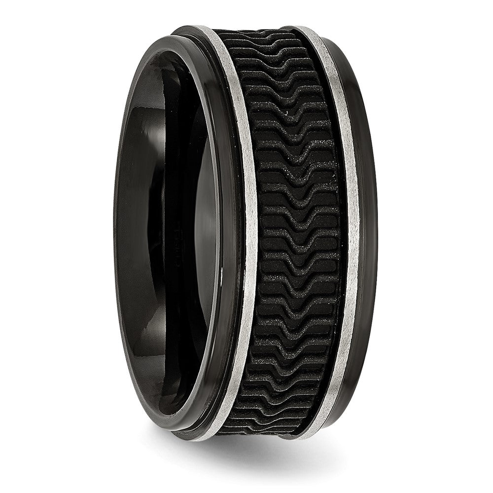 Stainless Steel Polished Black Ip Plated Rubber Inlay 10mm Band