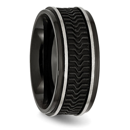 Stainless Steel Polished Black Ip Plated Rubber Inlay 10mm Band