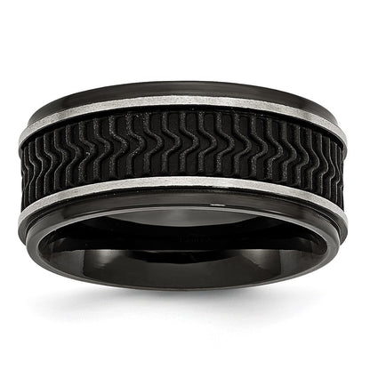 Stainless Steel Polished Black Ip Plated Rubber Inlay 10mm Band