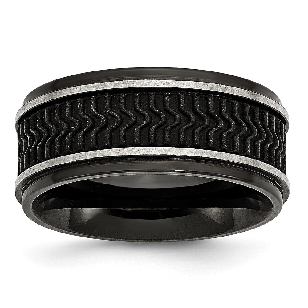 Stainless Steel Polished Black Ip Plated Rubber Inlay 10mm Band