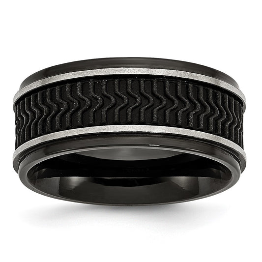 Stainless Steel Polished Black Ip Plated Rubber Inlay 10mm Band