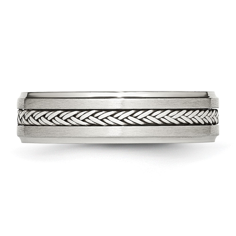 Stainless Steel Sterling Silver Braid Inlay Brushed/Polished 6mm Band