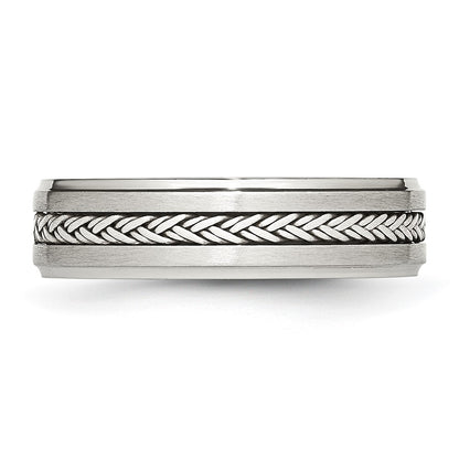Stainless Steel Sterling Silver Braid Inlay Brushed/Polished 6mm Band