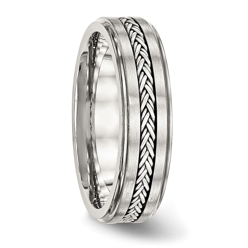 Stainless Steel Sterling Silver Braid Inlay Brushed/Polished 6mm Band