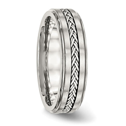 Stainless Steel Sterling Silver Braid Inlay Brushed/Polished 6mm Band