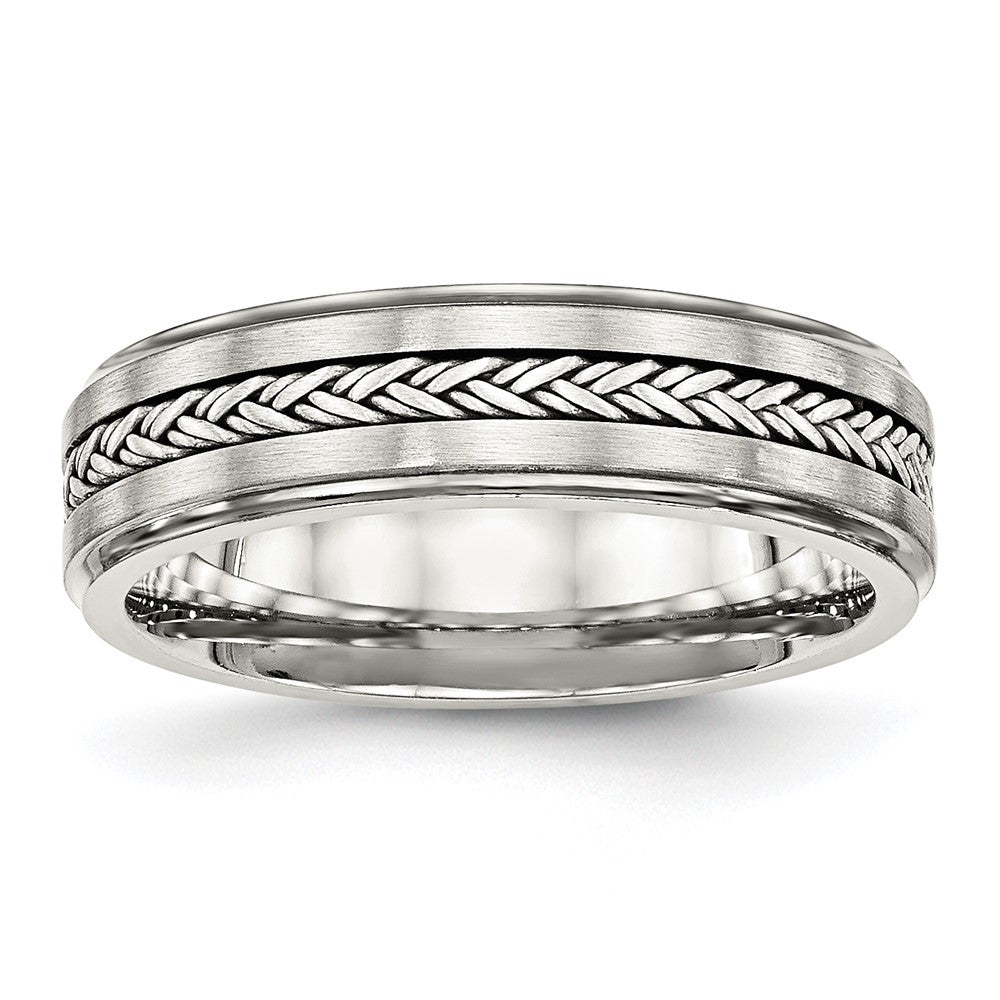 Stainless Steel Sterling Silver Braid Inlay Brushed/Polished 6mm Band