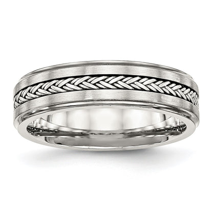 Stainless Steel Sterling Silver Braid Inlay Brushed/Polished 6mm Band