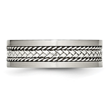 Stainless Steel Sterling Silver Inlay Polished/Brushed Edge 7mm Band