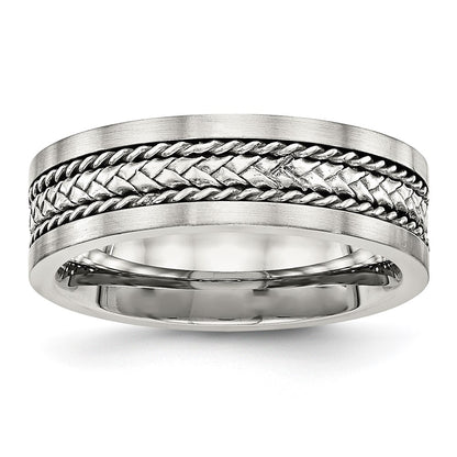 Stainless Steel Sterling Silver Inlay Polished/Brushed Edge 7mm Band
