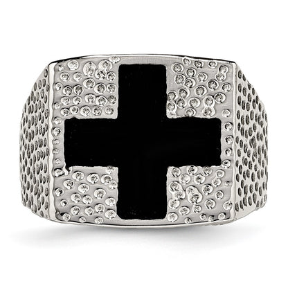 Stainless Steel Textured Black Enameled Cross Ring