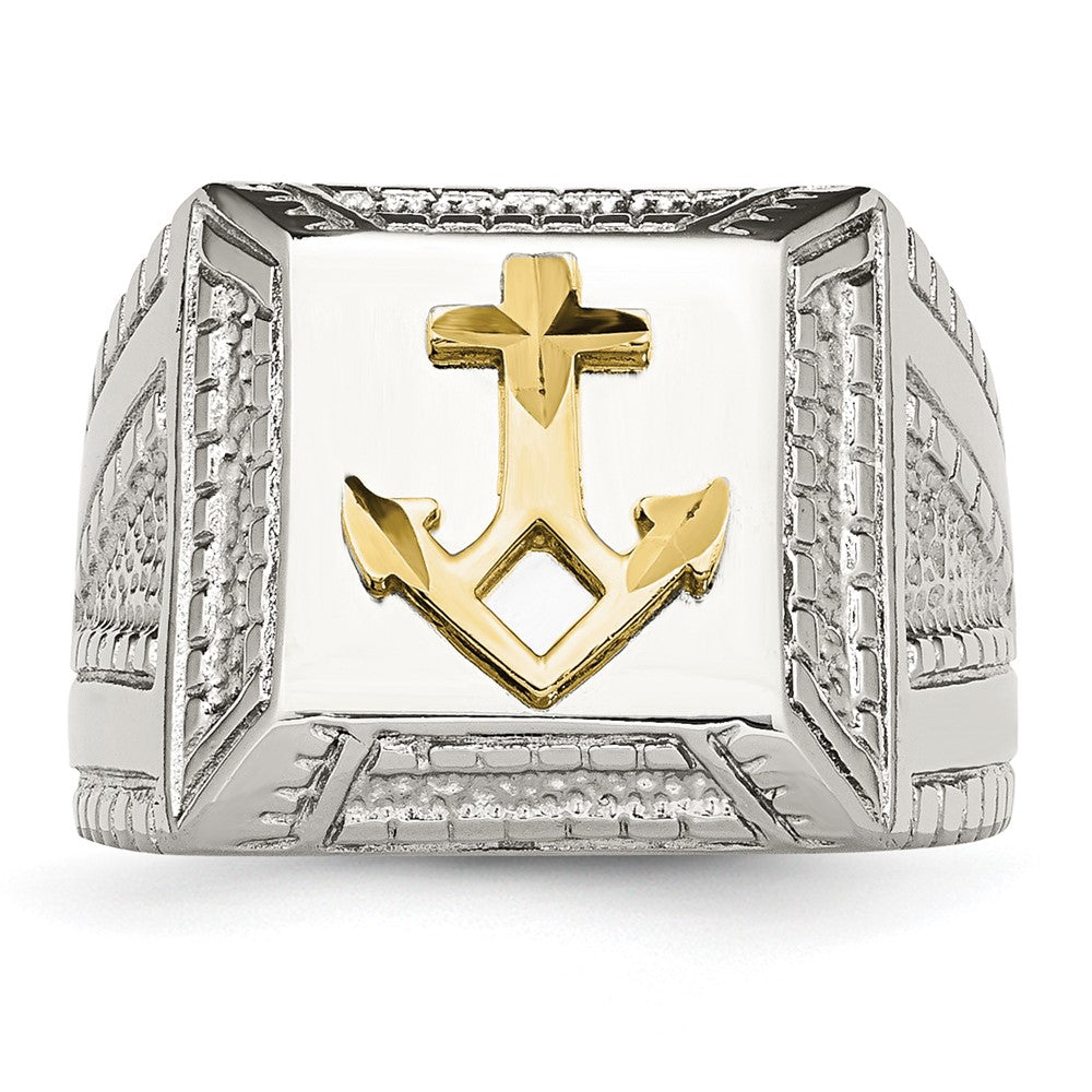 Stainless Steel Polished Sterling Silver Yellow Ip Plated Anchor Ring