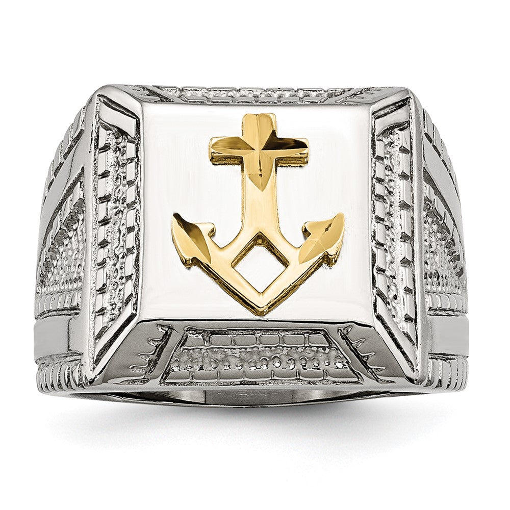 Stainless Steel Polished Sterling Silver Yellow Ip Plated Anchor Ring