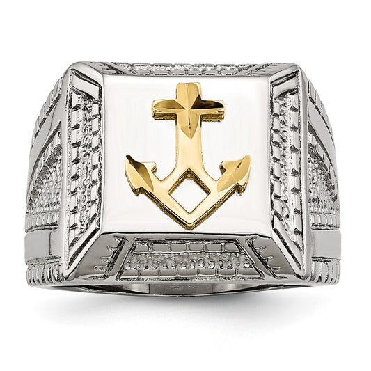 Stainless Steel Polished Sterling Silver Yellow Ip Plated Anchor Ring