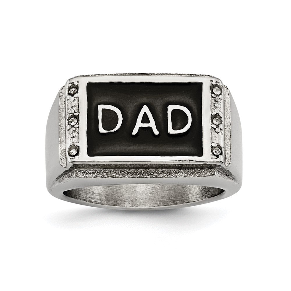 Stainless Steel Polished Black Enameled Dad Cz Ring