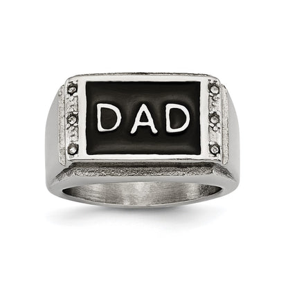 Stainless Steel Polished Black Enameled Dad Cz Ring