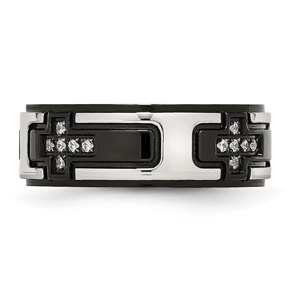 Stainless Steel Polished Black Ip Plated With Cz Cross 8mm Band