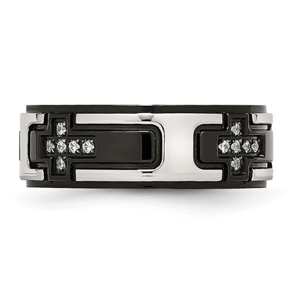 Stainless Steel Polished Black Ip Plated With Cz Cross 8mm Band