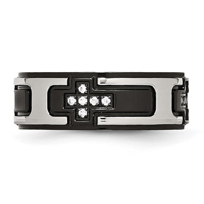 Stainless Steel Polished Black Ip Plated With Cz Cross 8mm Band