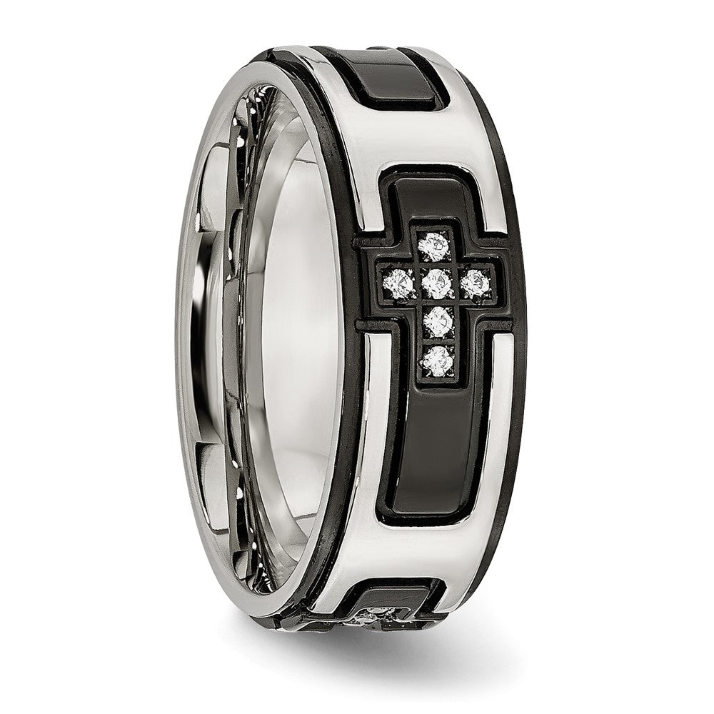 Stainless Steel Polished Black Ip Plated With Cz Cross 8mm Band