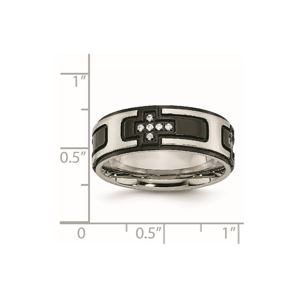 Stainless Steel Polished Black Ip Plated With Cz Cross 8mm Band