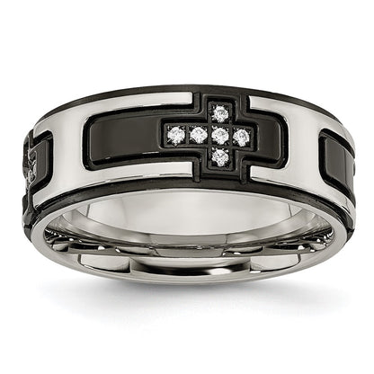Stainless Steel Polished Black Ip Plated With Cz Cross 8mm Band