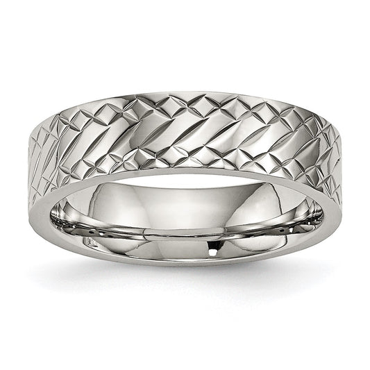 Stainless Steel Polished And Textured Criss Cross Design 6mm Band