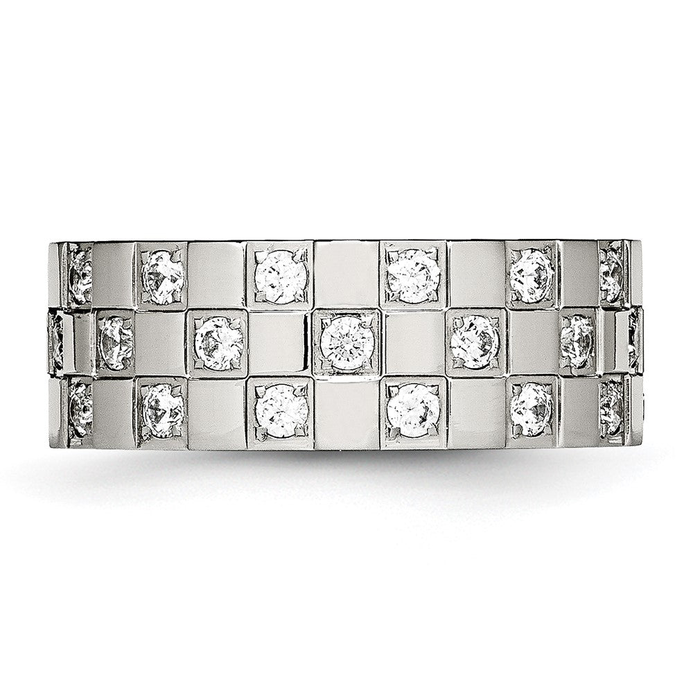 Stainless Steel Polished Cz Checkered 8mm Flat Band