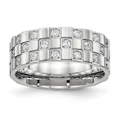 Stainless Steel Polished Cz Checkered 8mm Flat Band