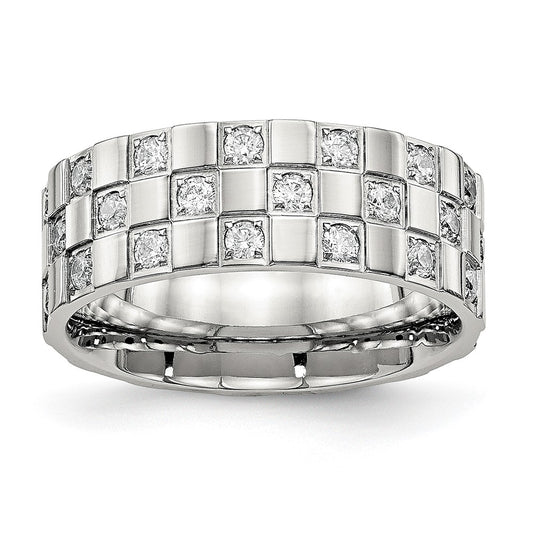 Stainless Steel Polished Cz Checkered 8mm Flat Band