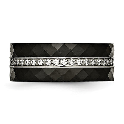 Stainless Steel Polished Faceted Black Ceramic Cz Ring