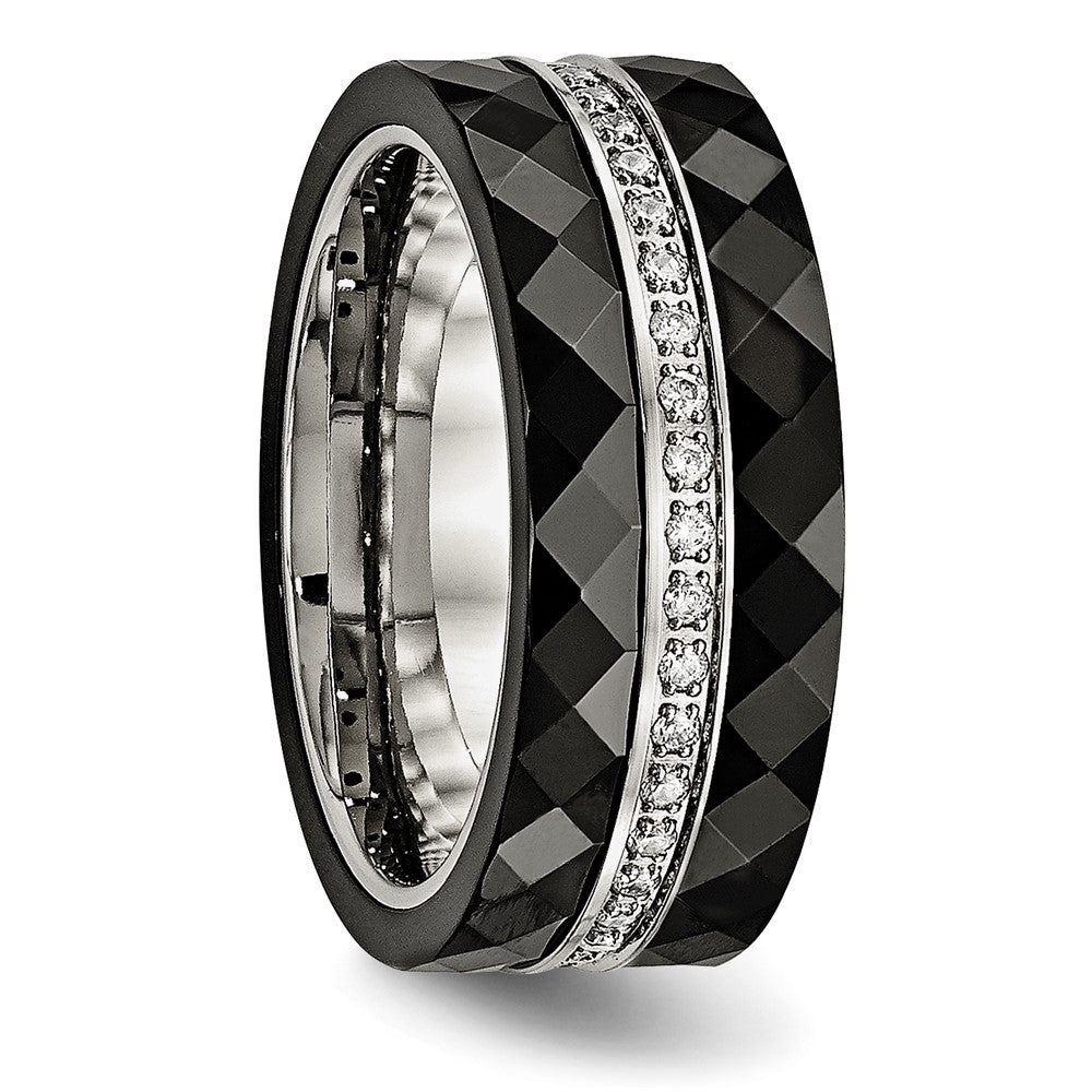 Stainless Steel Polished Faceted Black Ceramic Cz Ring
