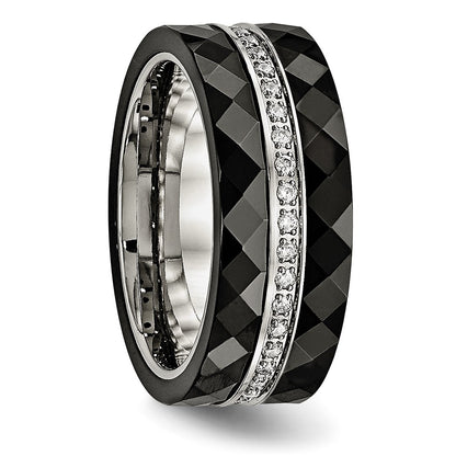 Stainless Steel Polished Faceted Black Ceramic Cz Ring