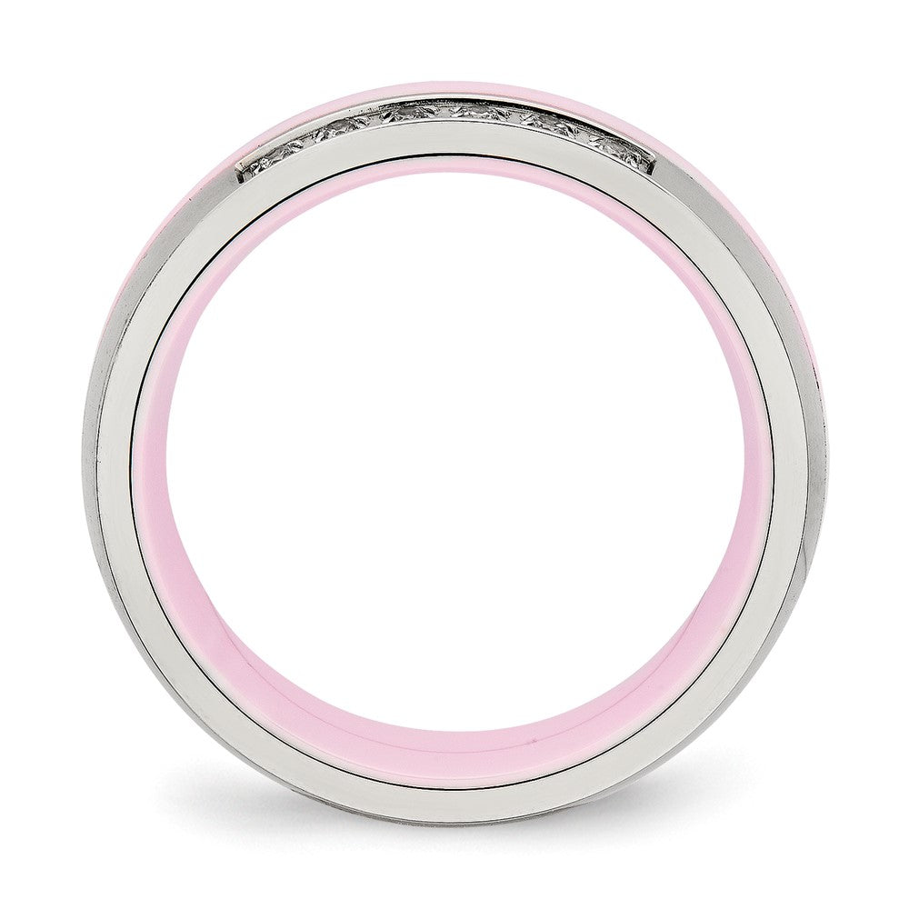 Stainless Steel Polished Pink Ceramic Cz Ring