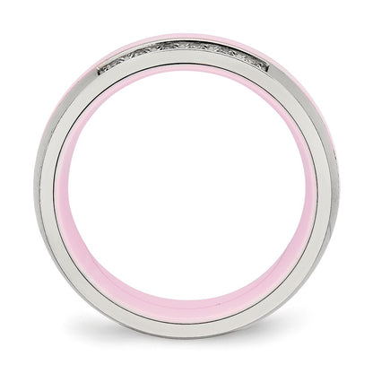Stainless Steel Polished Pink Ceramic Cz Ring