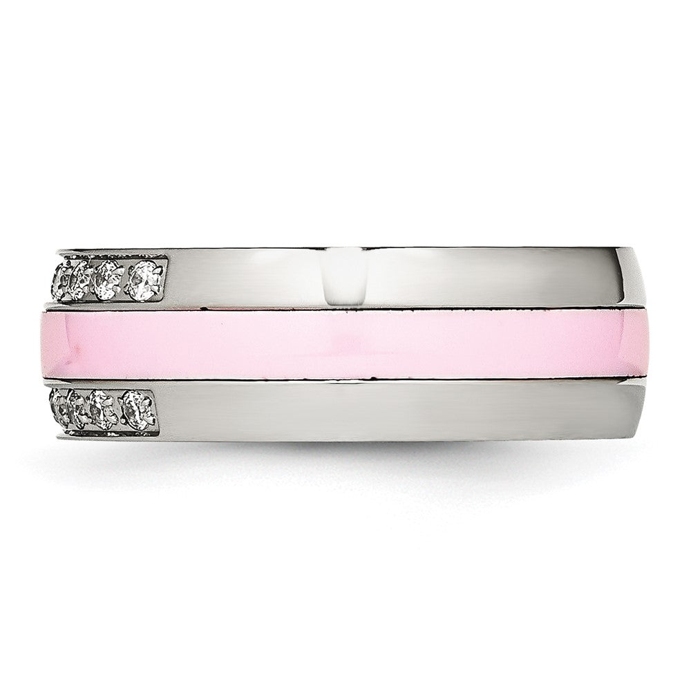 Stainless Steel Polished Pink Ceramic Cz Ring