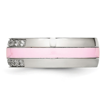 Stainless Steel Polished Pink Ceramic Cz Ring