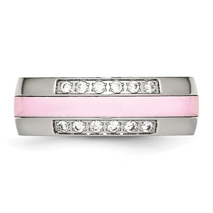 Stainless Steel Polished Pink Ceramic Cz Ring