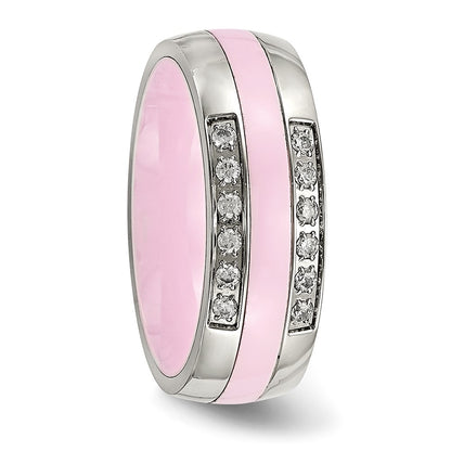 Stainless Steel Polished Pink Ceramic Cz Ring