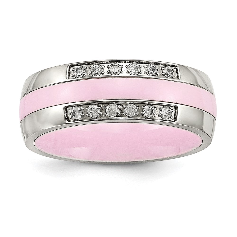 Stainless Steel Polished Pink Ceramic Cz Ring