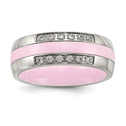 Stainless Steel Polished Pink Ceramic Cz Ring