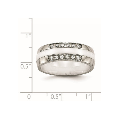Stainless Steel Polished White Ceramic Cz Ring