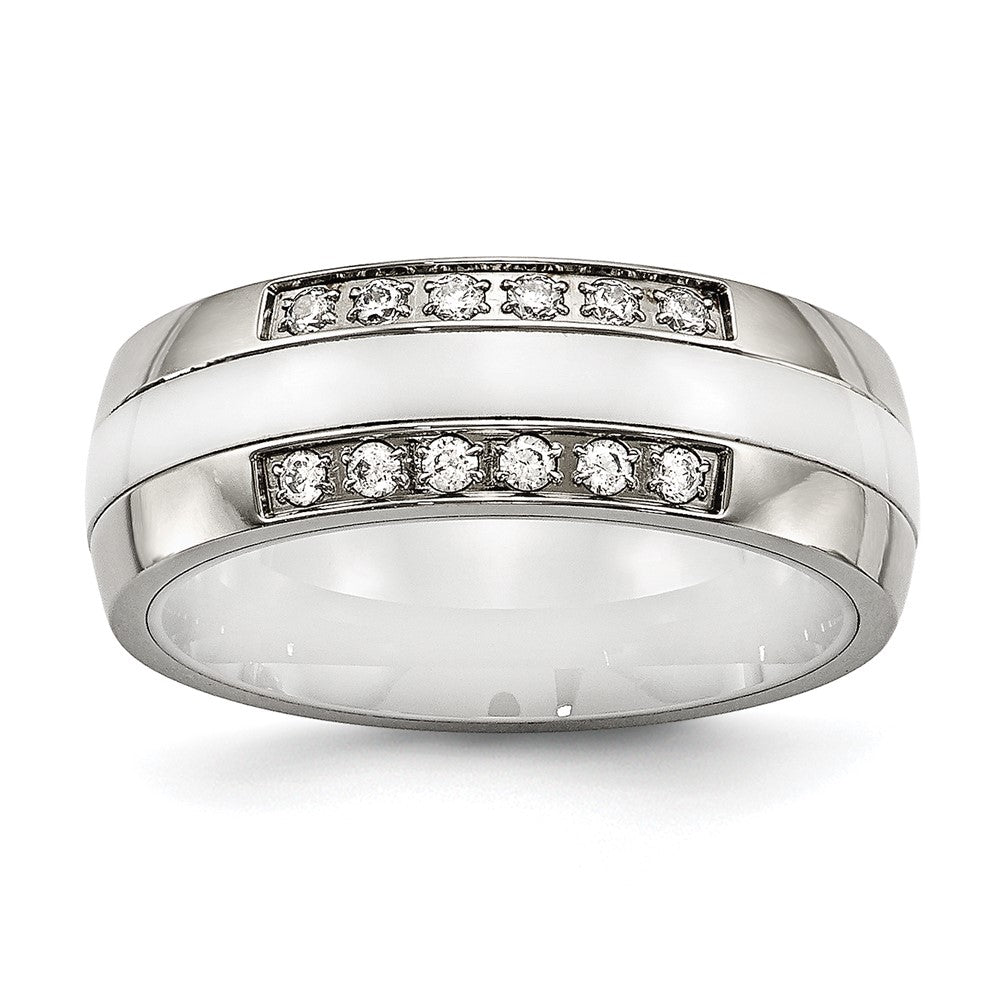 Stainless Steel Polished White Ceramic Cz Ring