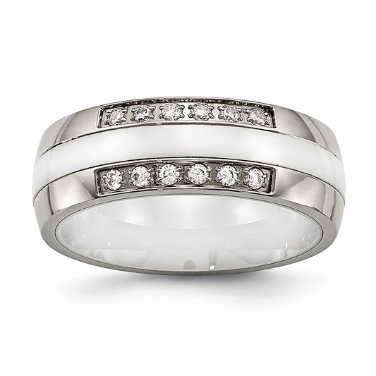 Stainless Steel Polished White Ceramic Cz Ring