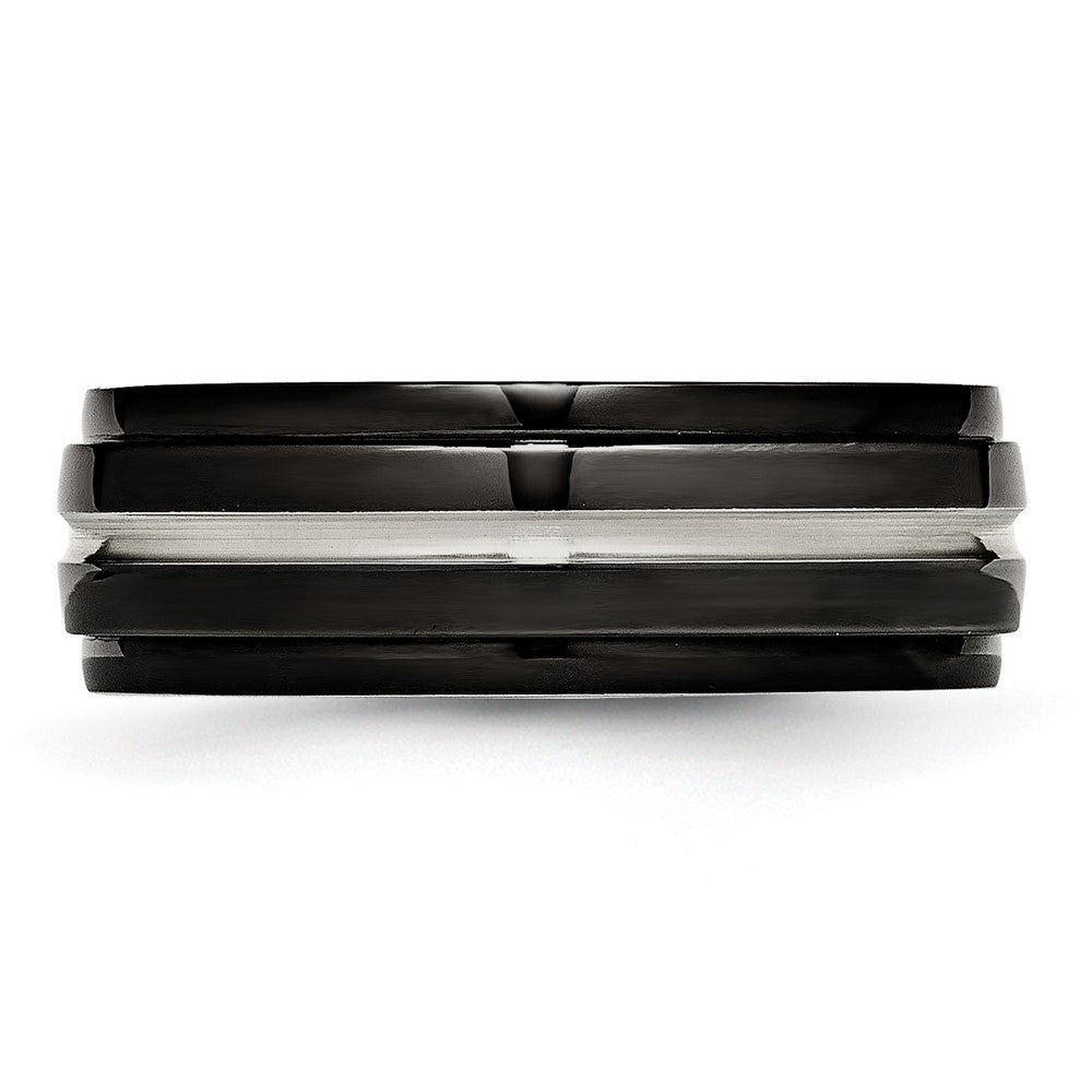 Stainless Steel Polished Black Ip Plated 8mm Ridged Edged Band