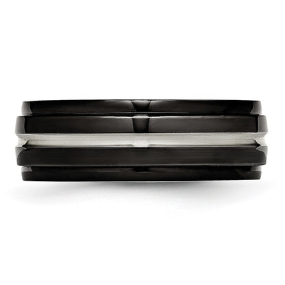 Stainless Steel Polished Black Ip Plated 8mm Ridged Edged Band